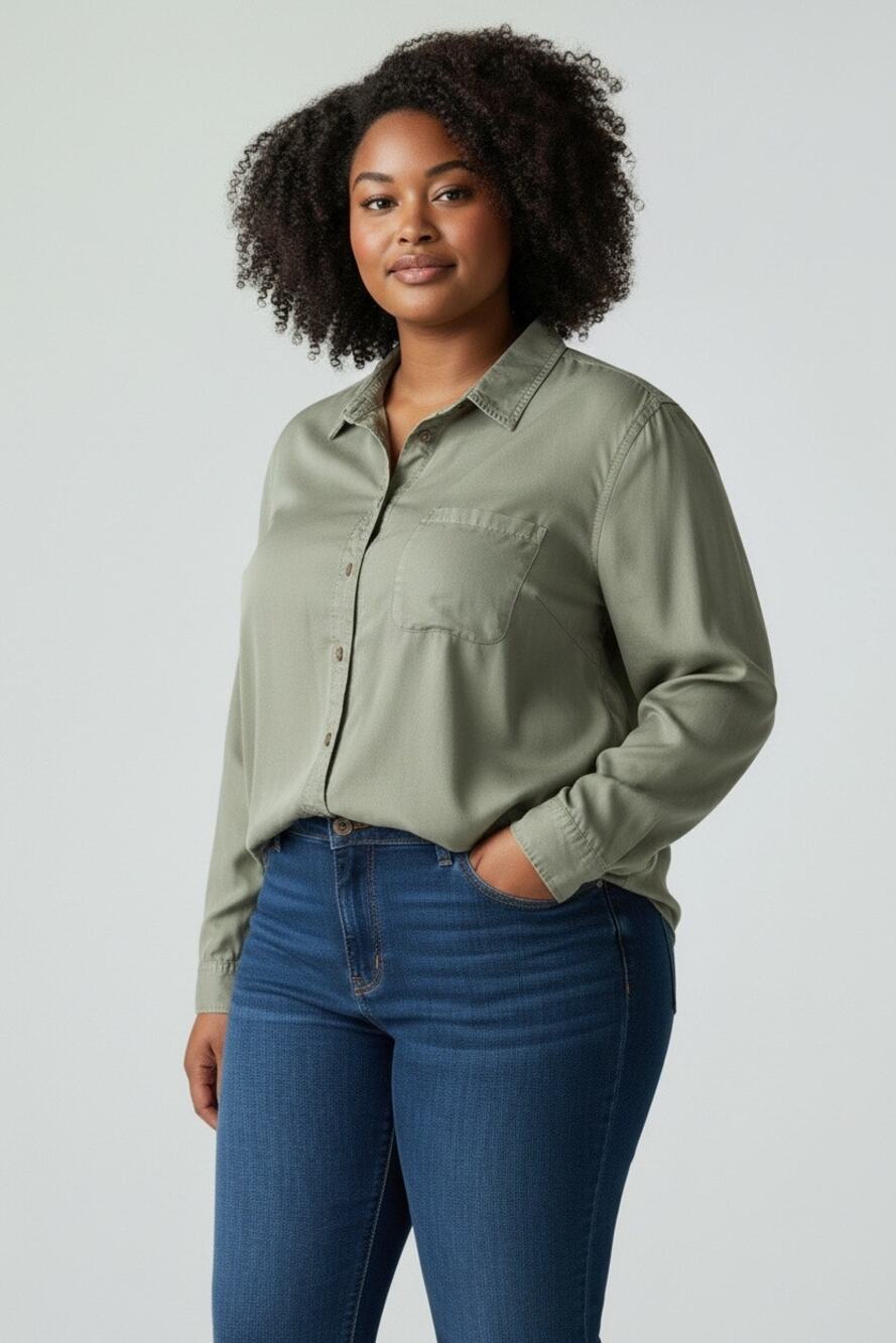 Coldwater Creek Olive Green Tencel Lyocell Button Front Big Shirt PXLStyle 19963